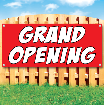 Wood fence displaying a banner saying 'GRAND OPENING' in white text on a red background