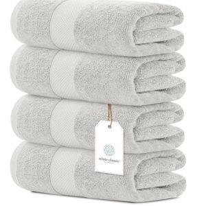 White Classic Luxury Cotton Bath Towels Large - | Highly Absorbent Hotel spa Collection Bathroom Towel | 27 inch X 54 inch | Set of 4 (SILVER, 4)