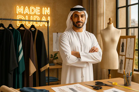 An Emirati fashion designer in traditional attire stands confidently in his Dubai studio, surrounded by abayas, sketches, and tailoring tools.