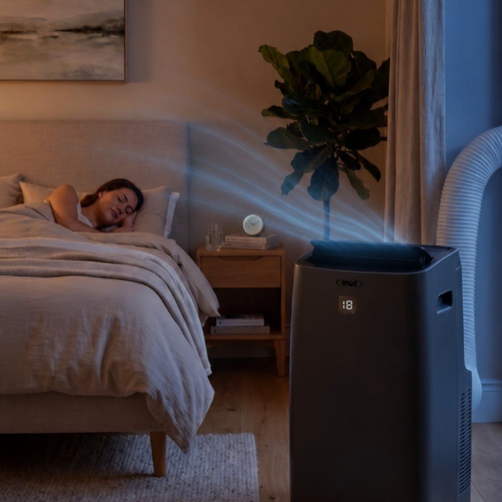 Mujer durmiendo en un dormitorio con el aire acondicionado portátil ANWO Versa gris funcionando en modo sueño