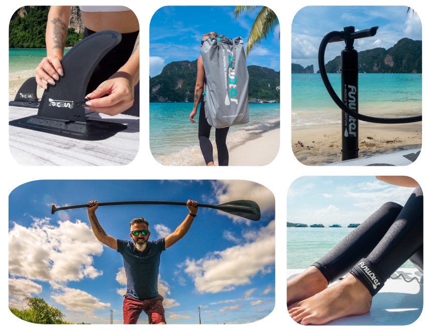 Funwater stand up paddle board accessories in Canada include most basic SUP gears 