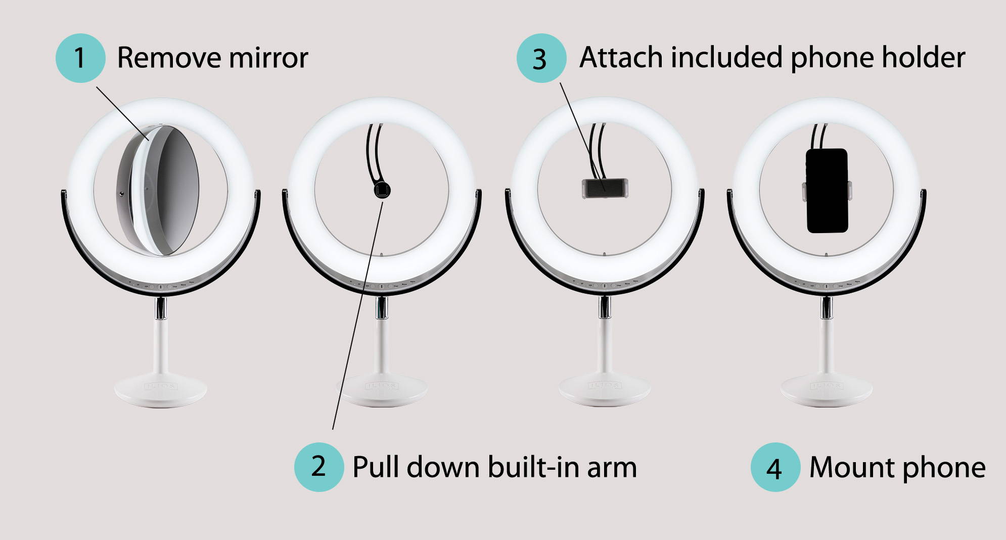 ilios makeup mirror ring light phone holder webcam light 