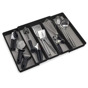 ELTOW Expandable Utensil Drawer Organizer, 5 Compartment Non-Slip & Adjustable Large Utensil Organizer for Kitchen Drawers, Kitchen Organization for Utensils, Flatware Storage Tray (Black)