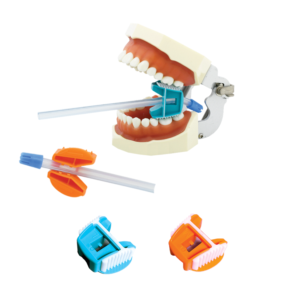 EZ-Bite Block Teal and Orange with saliva ejector attached. 