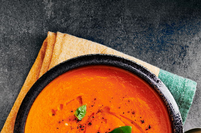 Cream of Roasted Tomato Soup with Confit Garlic