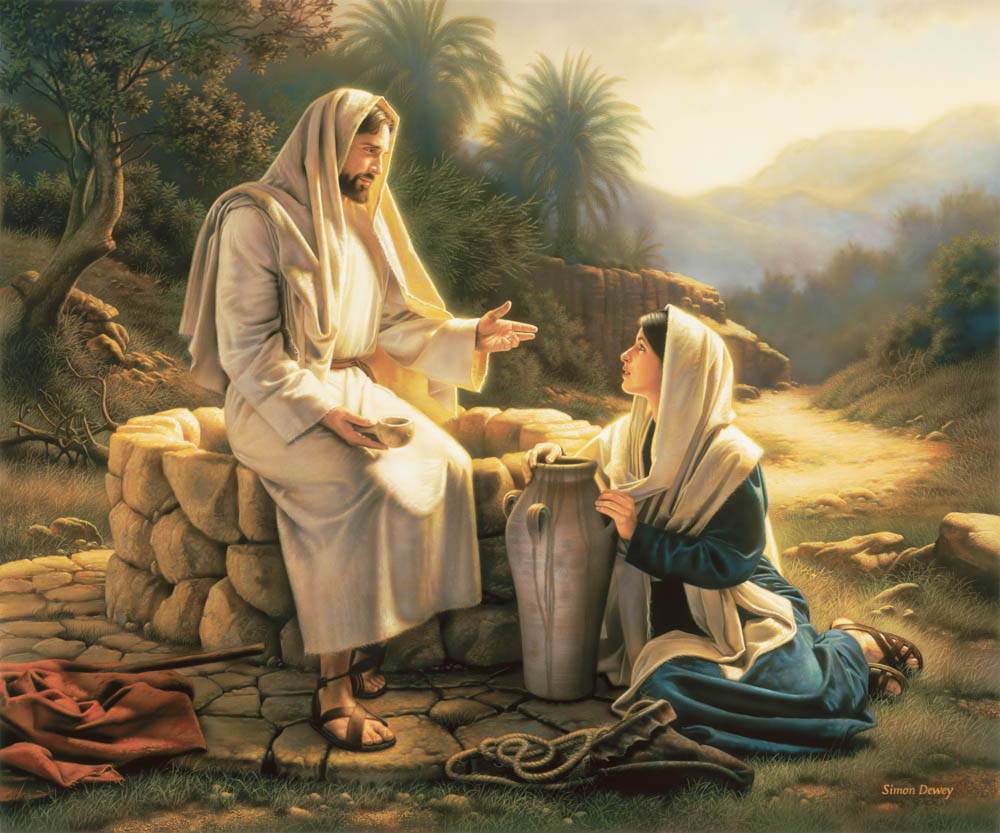 Jesus sitting at a well and speaking to a young woman.
