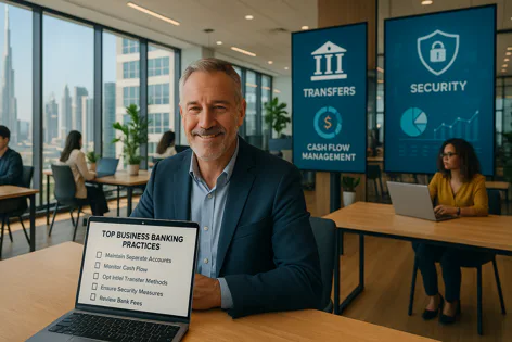 Smiling businessman with laptop displaying "TOP BUSINESS BANKING PRACTICES" in a modern office featuring screens on transfers, cash flow, and security.