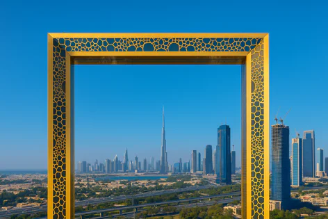 Golden Dubai Frame landmark framing the modern city skyline of Dubai, featuring the towering Burj Khalifa and other skyscrapers under a bright blue sky.