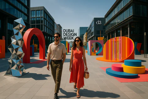 A couple walks through Dubai Design District among vibrant art installations and modern architecture during Dubai Design Week.