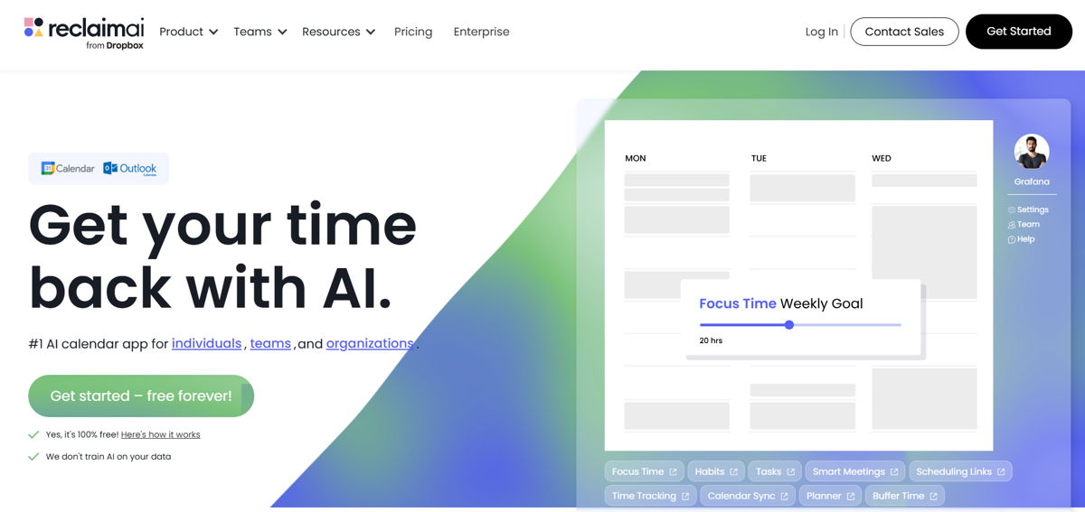 Screenshot of Reclaim , from the ai company websites collection.