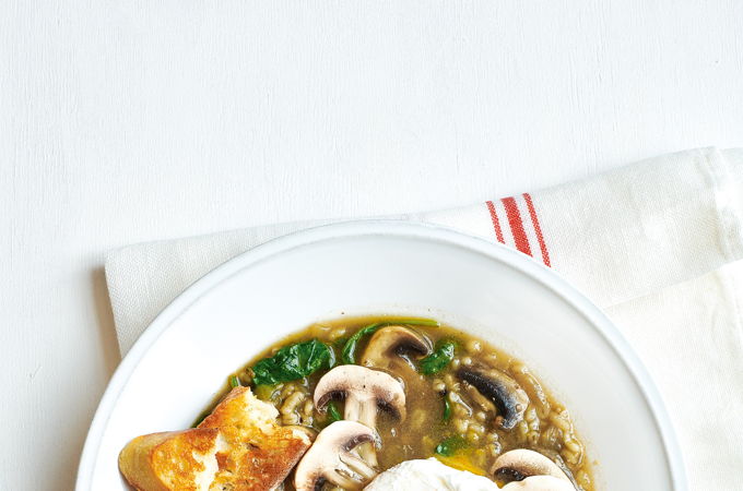 Mushroom Barley Soup with Poached Egg