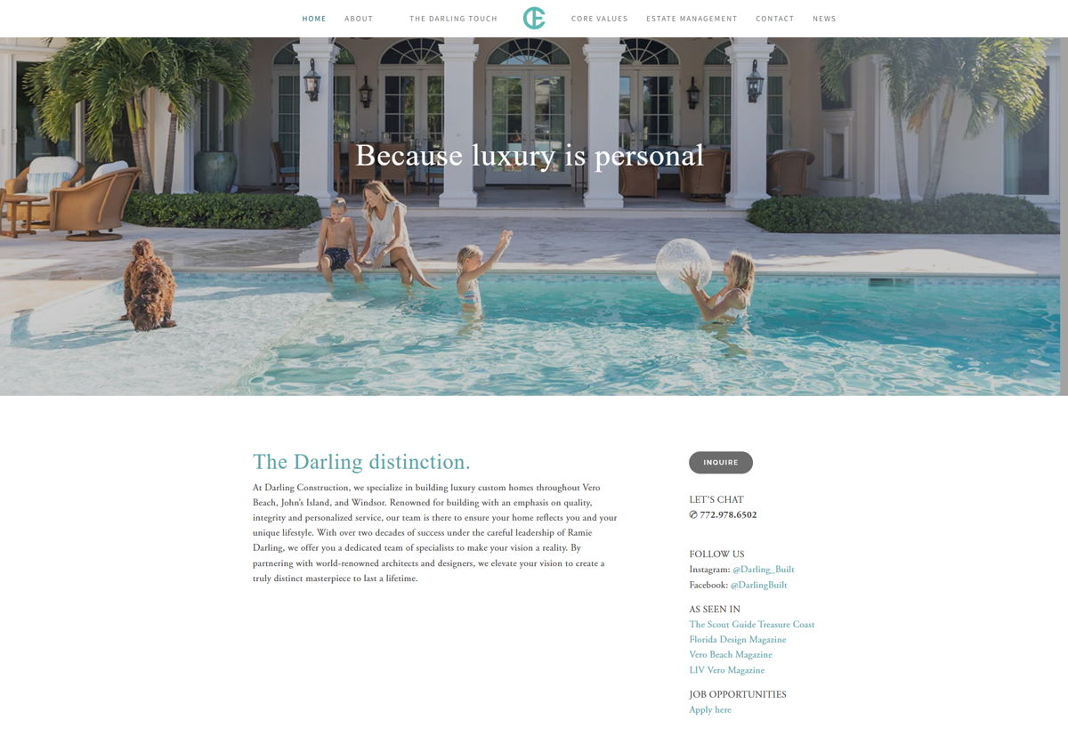 Screenshot of Darling Construction, from the home builder websites collection.