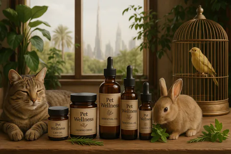 A cat, rabbit, and bird sit with Pet Wellness CBD oil, calming chews, essential oil, and arousal oil on a table. Plants and city view behind them.