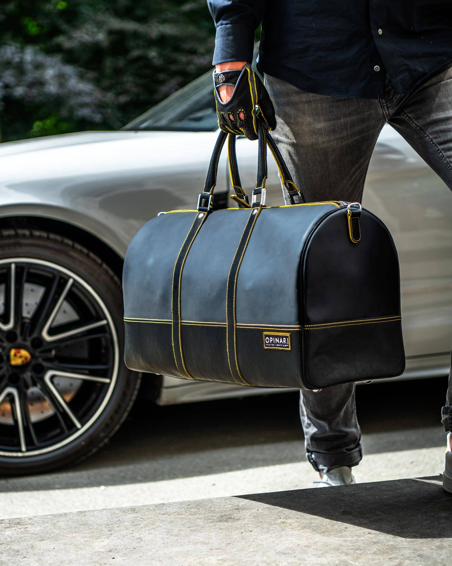 Porsche yellow black grey duffle bag