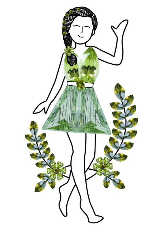 An illustration of a woman wearing green peridot dress