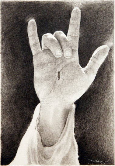 Charcoal drawing of Jesus' hand scarred hand signing, "I love you."