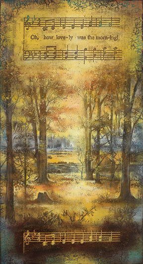 Painting of the sacred grove. It is overlayed with golden lines of music.