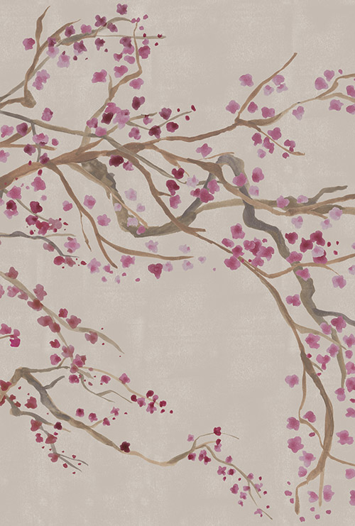 Cream & red cherry blossom linen-cotton fabric Panel Image