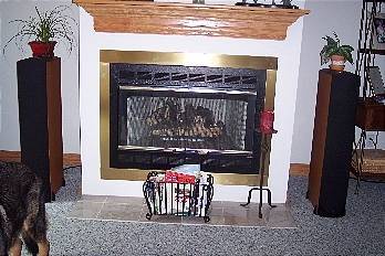 Speaker face sticks out about 1 ft. from fireplace