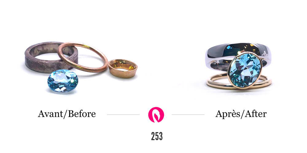 Transformation of old wedding rings into a two-tone ring with topaz