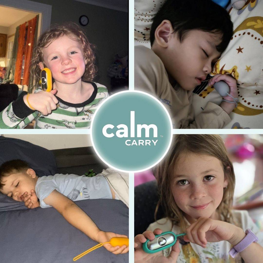 Kids winding down and asleep with their CalmCarry, with the CalmCarry logo