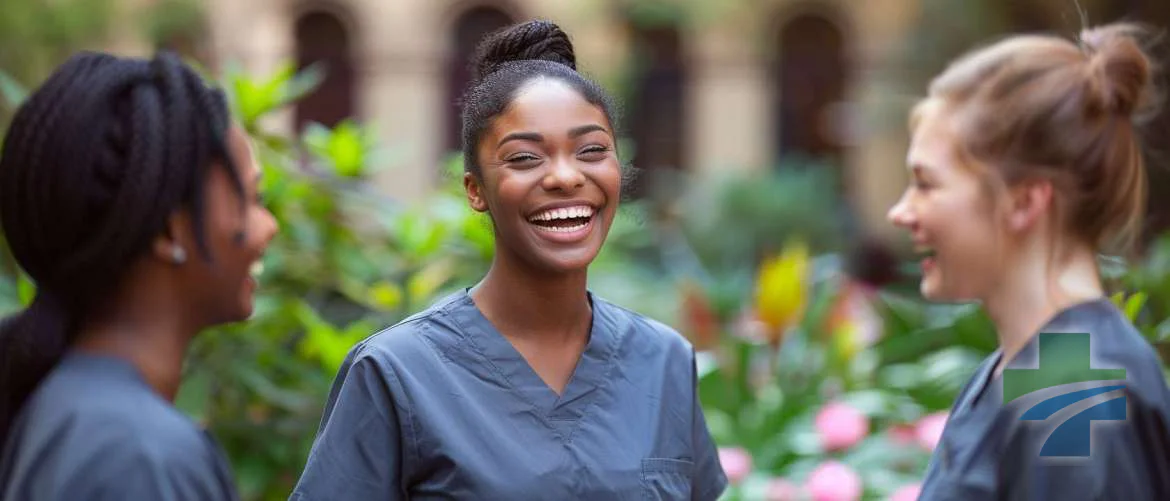 Travel nurses share a joyous moment in a historic hospital's courtyard