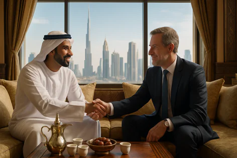 Two men in traditional Arabic dress and business suit shake hands, overlooking Dubai skyline with Burj Khalifa, coffee and dates on table.
