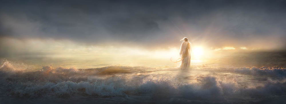 Panoramic picture of Jesus walking on the stormy sea.
