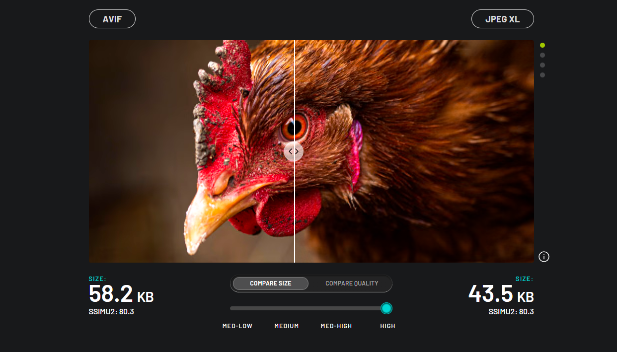 AVIF compared to JPEG XL with the same similarity index. Source: jpegxl.info