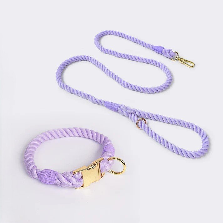 Purple Handmade Rope Dog Collar and Leash Set - Colorful Woven Cotton