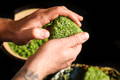 A glass of cold sparkling matcha on a tray