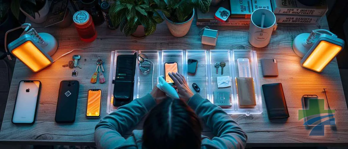 A modern-day warrior sanitizing personal items with UV-C light.