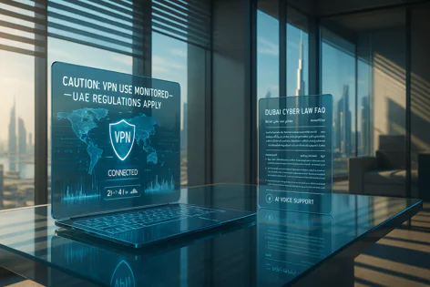 A laptop on a glass desk displays a VPN warning screen in a modern office with a Dubai skyline view, mentioning UAE regulations.