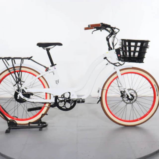 a white and orange Electric Bike Company electric cruiser