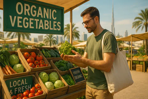 Man inspects broccoli at an outdoor organic market stall with crates of fresh tomatoes, cucumbers, carrots, and cabbage. Sign reads "Organic Vegetables". Dubai skyline in background.