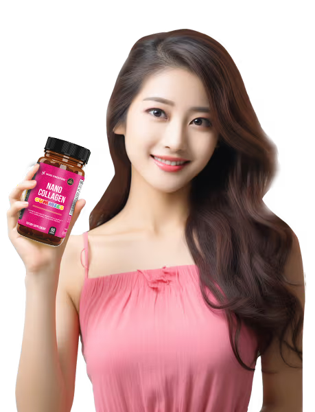 beautiful asian lady holding a bottle of Nano Singapore's best collagen gummies