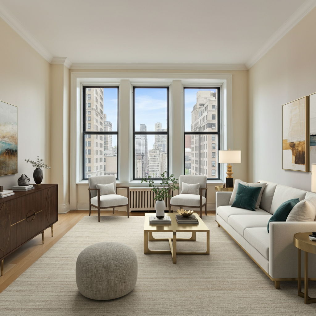 A Gold Coast condominium living room professionally staged for sale, featuring strategic furniture placement that highlights the room's proportions and architectural details. Natural light streams through tall windows, while carefully selected accessories and neutral color palette create an aspirational yet approachable atmosphere that helps buyers envision themselves in the space.