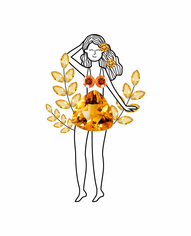 An illustration of a woman wearing yellow citrine dress