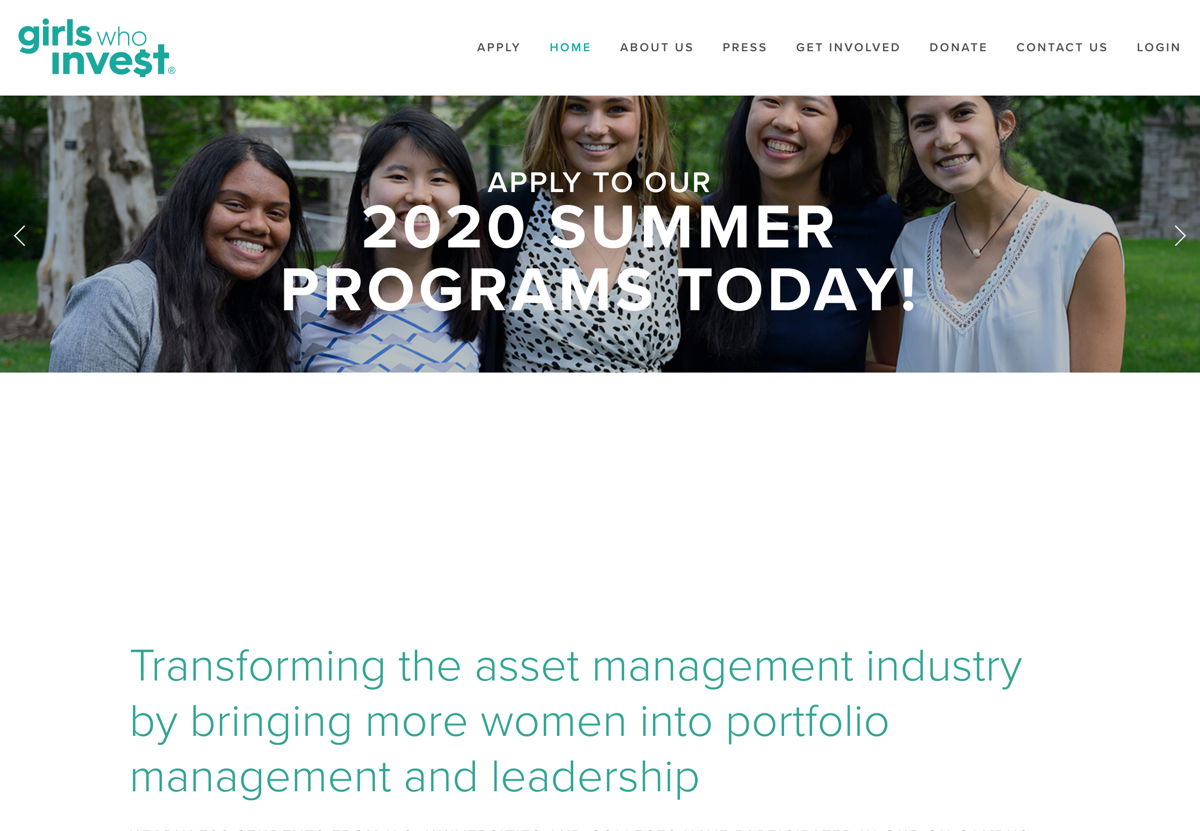 Screenshot of Girls Who Invest, from the nonprofit & charity websites collection.