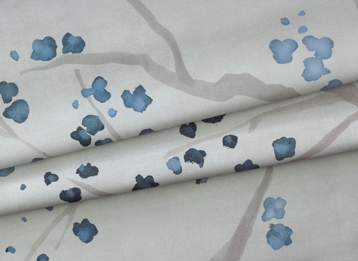 Grey & Blue Cherry Blossom Linen-Cotton Fabric Pattern Image