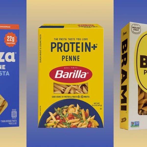 Collaged image of three brands of protein pasta boxe