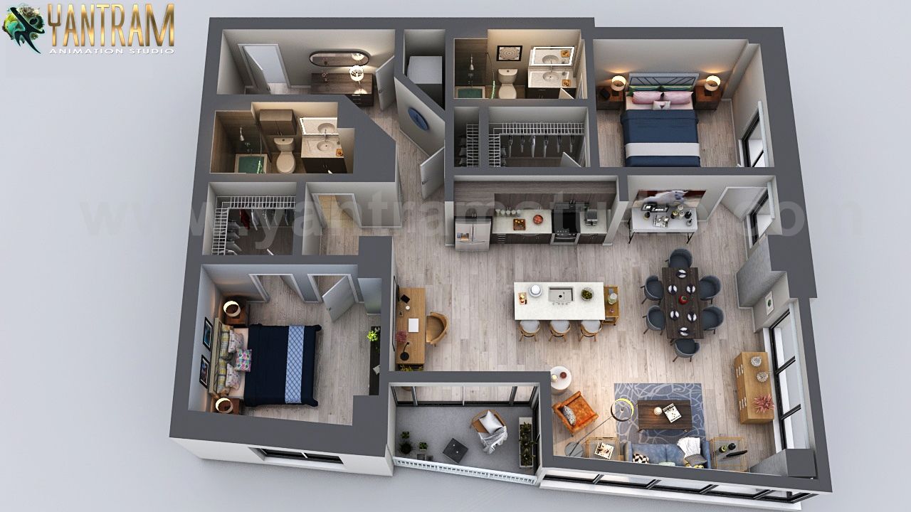 3D Floor Plan Rendering of an Astonishing Apartment in Houston, Texas |  Yantram Architectural Rendering Studio | AWRD (en)