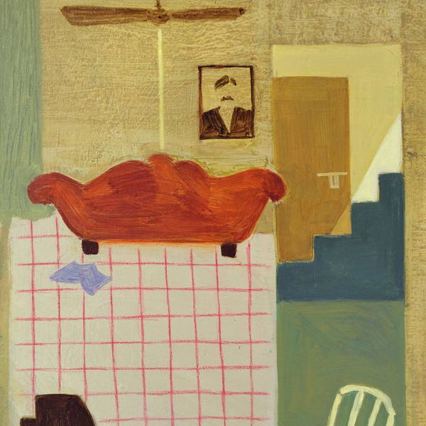 Painting of a living room, with a portrait of a mustachioed man on the wall.