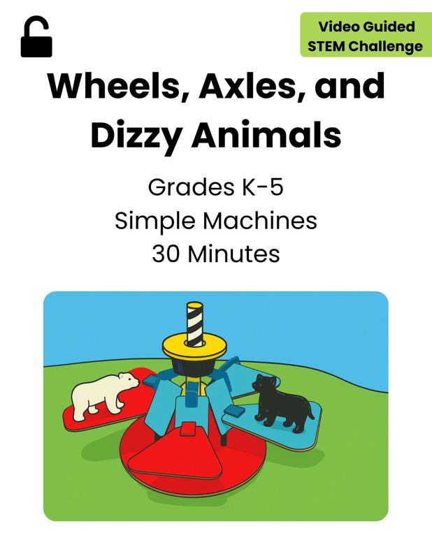 Image of a simple machines STEM activity showing animals riding a spinning cardboard carousel built with wheels and axles using 3DuxDesign components. Ideal for K–5 classrooms exploring hands-on project-based learning in engineering, motion, and simple machines through playful STEM challenges.