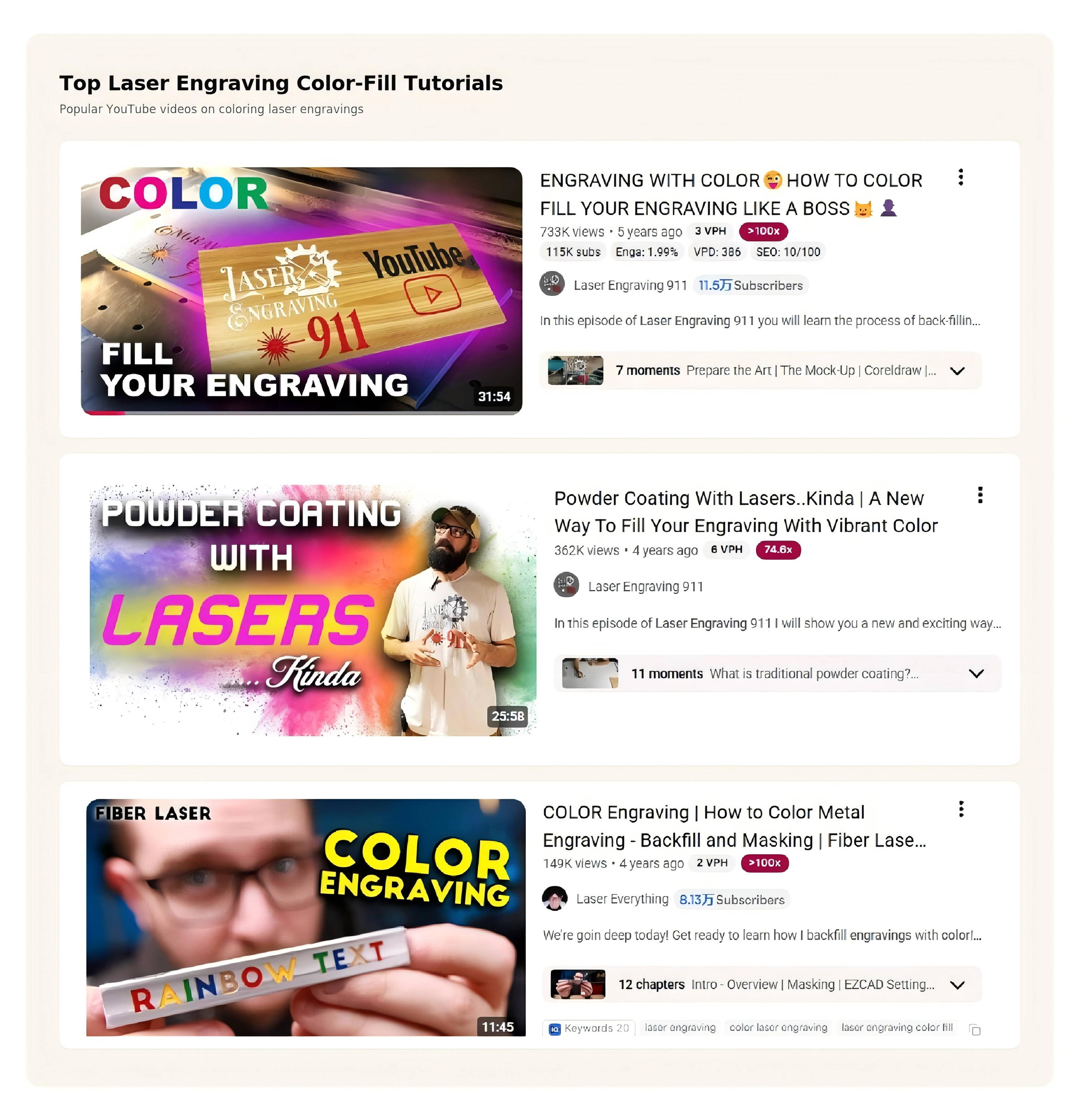 Top YouTube tutorials on laser engraving color fill techniques, featuring Laser Engraving 911 and Laser Everything