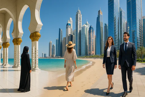 Diverse people by beach and city skyline. Woman in abaya, woman in hat and dress, and business couple walk on a tiled path near the ocean and skyscrapers.