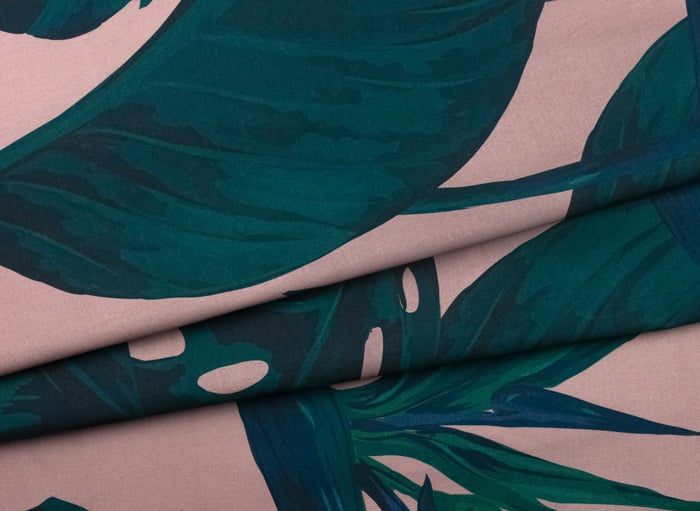 Pink & Green Jungle Leaf Linen-Cotton Fabric Pattern Image