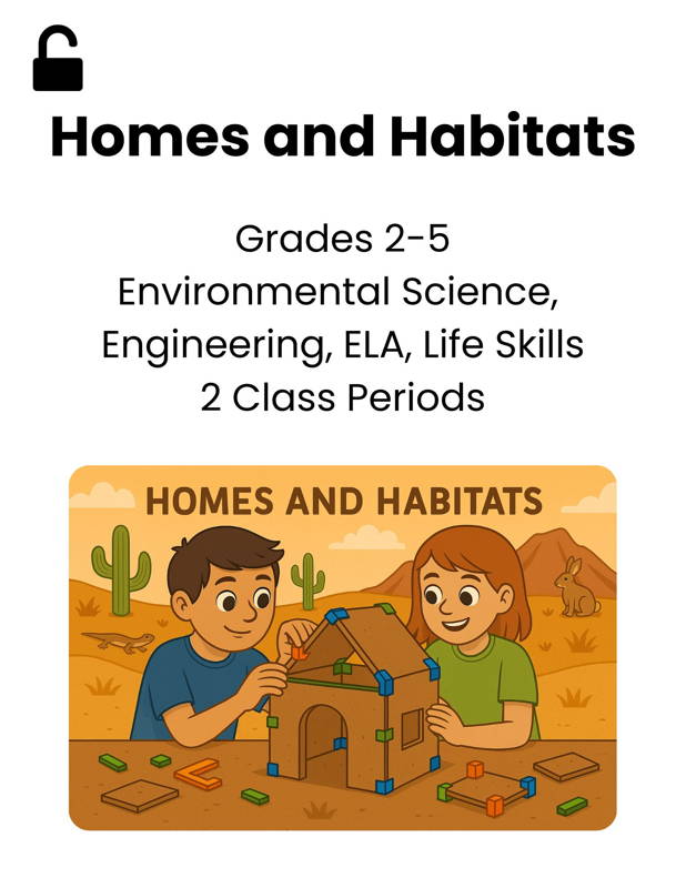 Two students building a desert-themed cardboard house model with 3DuxDesign connectors for a Homes and Habitats project exploring environments engineering and ELA for grades 2–5.