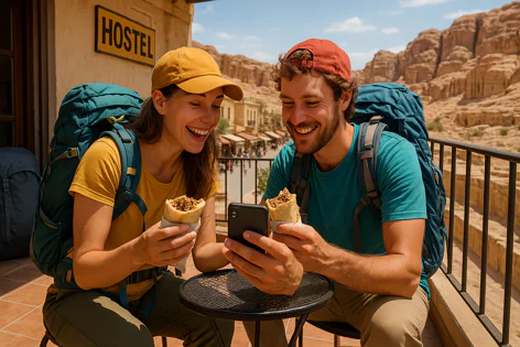 A happy couple with backpacks sits on a balcony overlooking a village street and desert mountains, eating wraps and looking at a smartphone.
