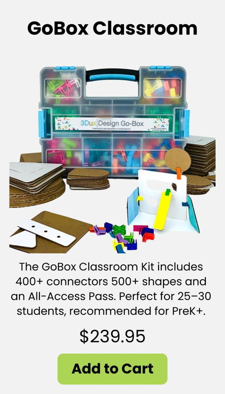 The GoBox Classroom Kit includes over 400 connectors and 500 cardboard shapes plus an All Access Pass for lessons. Ideal for hands on STEM building and project based learning for 25–30 students. Recommended for PreK and up.